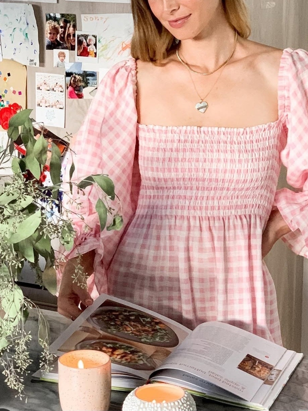 Smocked Square-Neck Pink Gingham Tunic Mini Dress